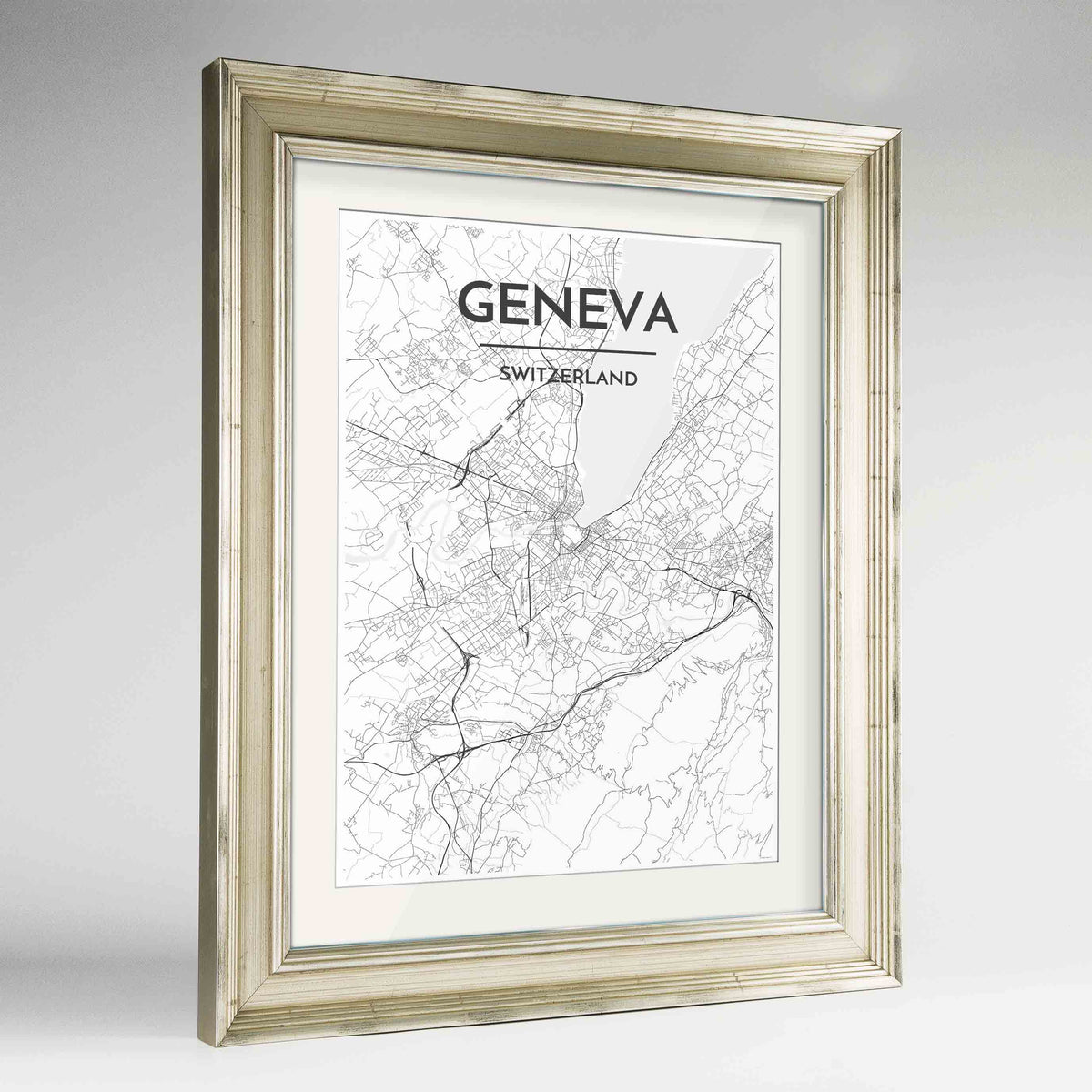 Framed Geneva Map Art Print 24x36&quot; Champagne frame Point Two Design Group