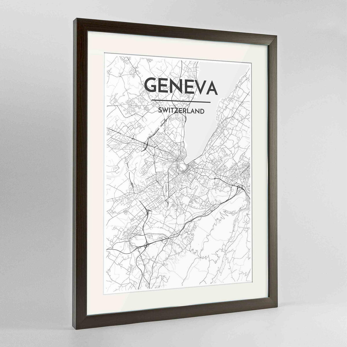 Framed Geneva Map Art Print 24x36&quot; Contemporary Walnut frame Point Two Design Group