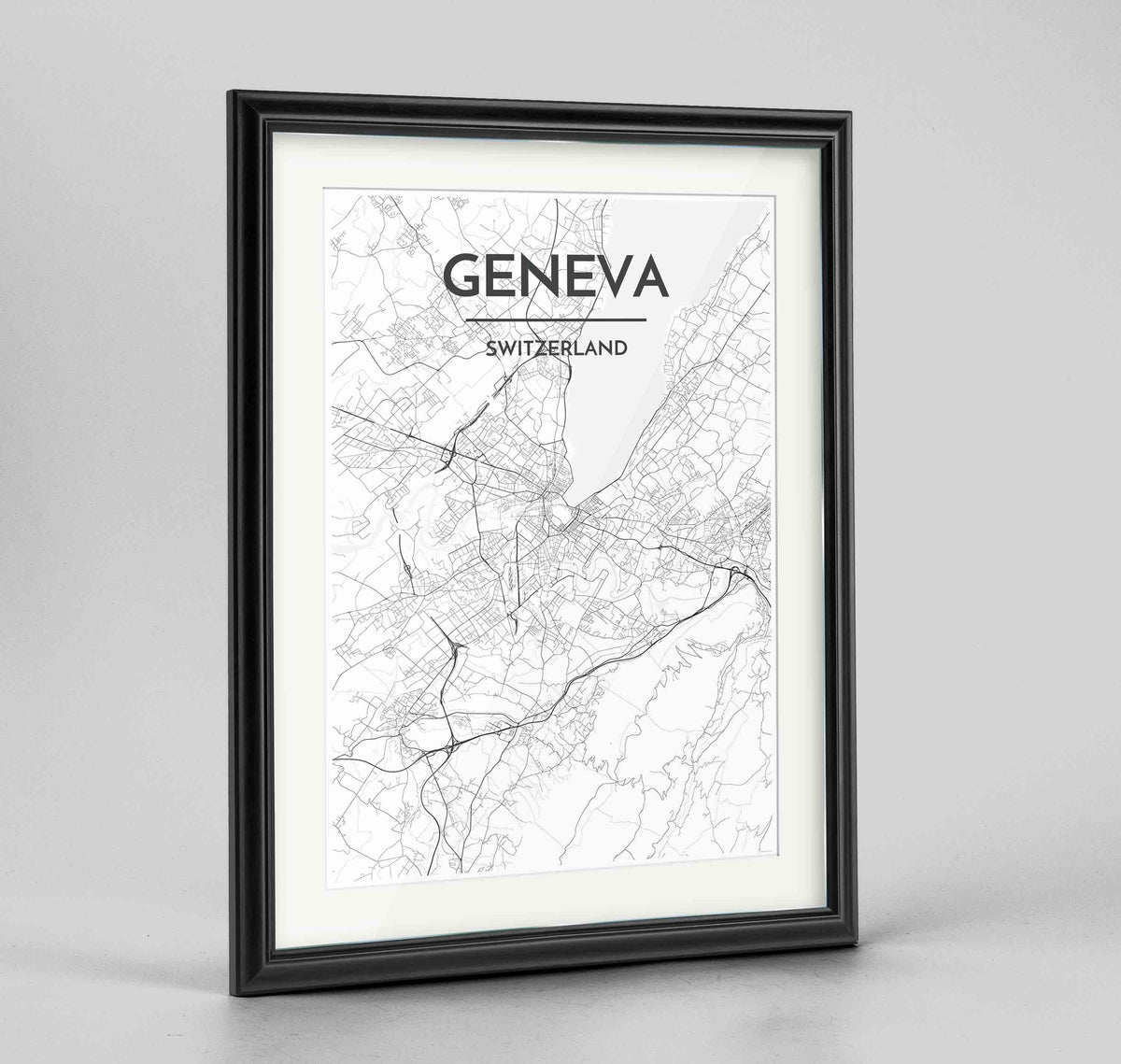 Framed Geneva Map Art Print 24x36&quot; Traditional Black frame Point Two Design Group
