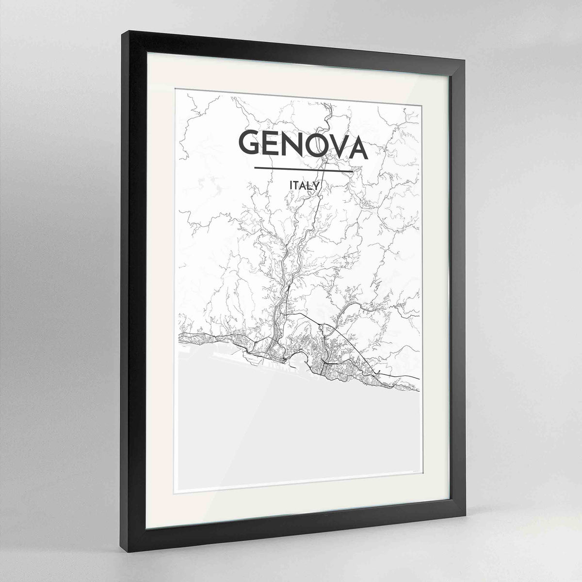 Framed Genova Map Art Print 24x36&quot; Contemporary Black frame Point Two Design Group