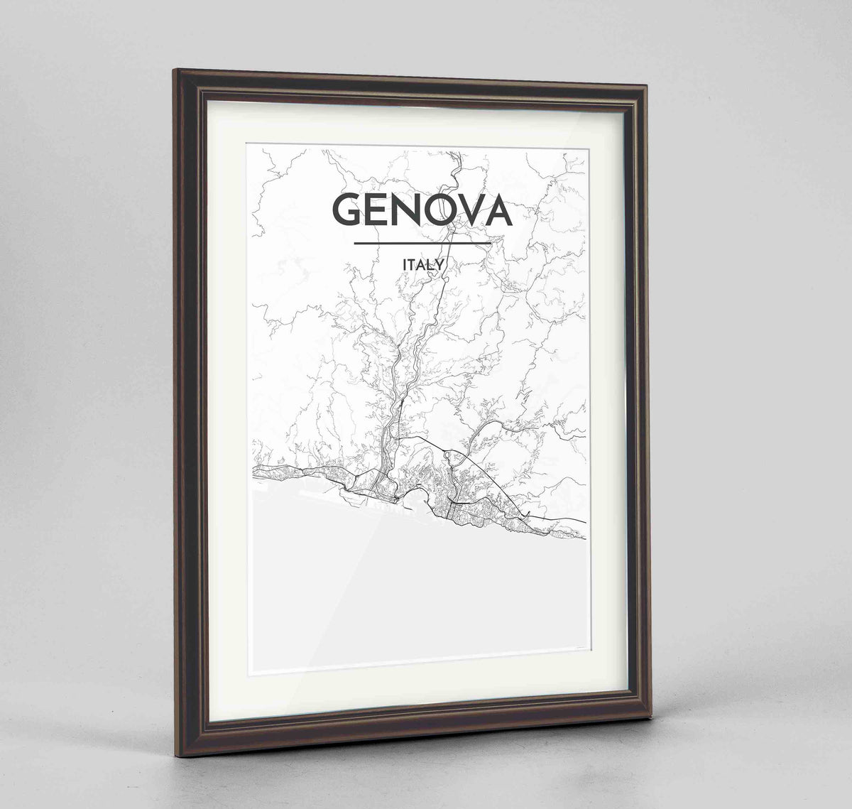 Framed Genova Map Art Print 24x36&quot; Traditional Walnut frame Point Two Design Group
