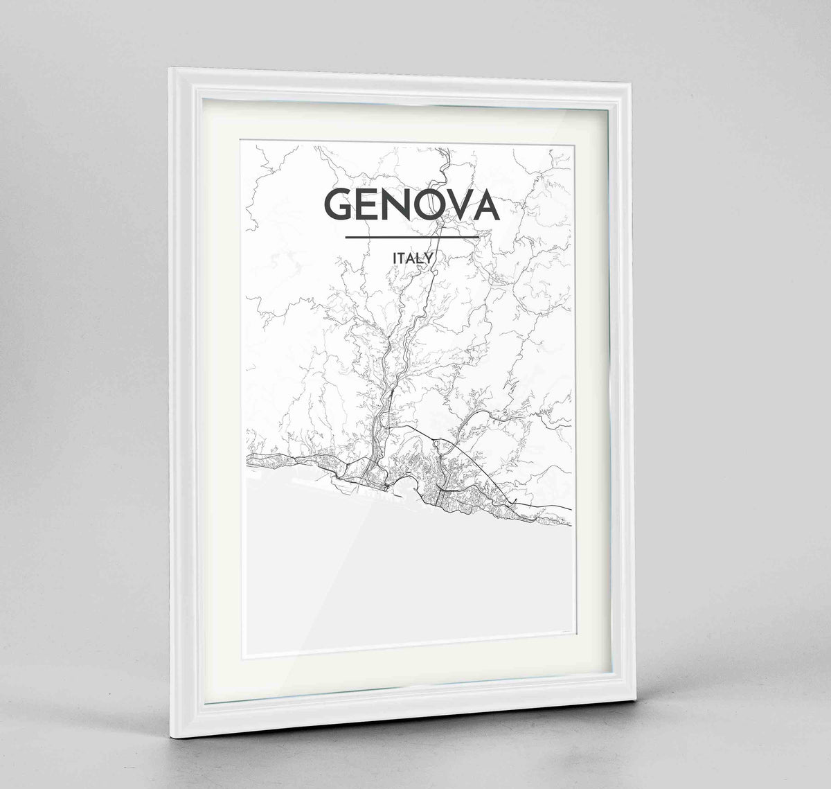 Framed Genova Map Art Print 24x36&quot; Traditional White frame Point Two Design Group