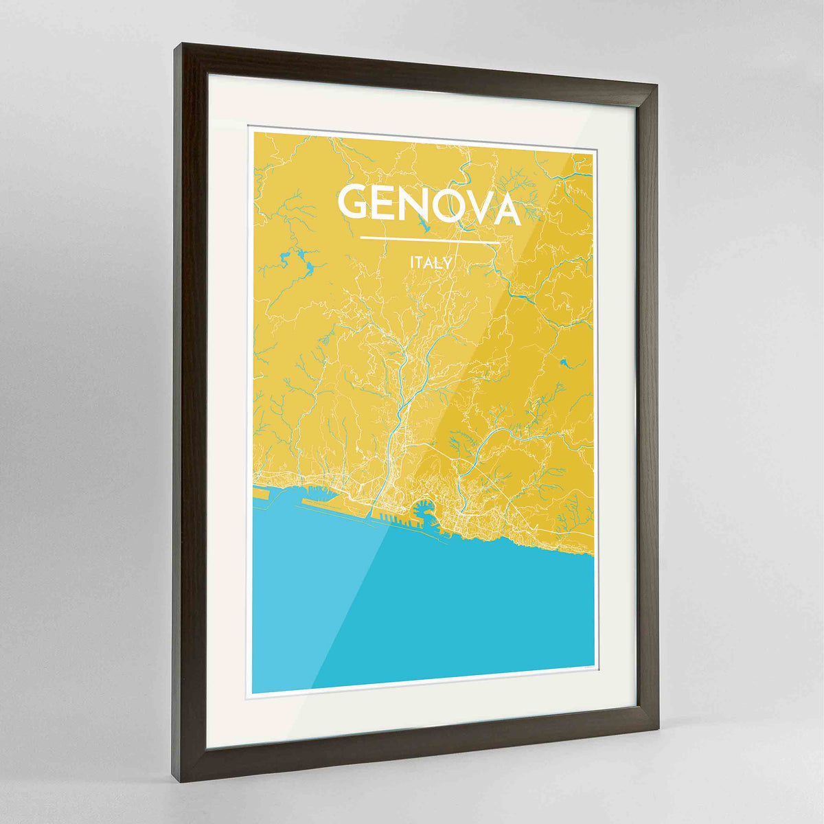 Framed Genova Map Art Print 24x36&quot; Contemporary Walnut frame Point Two Design Group