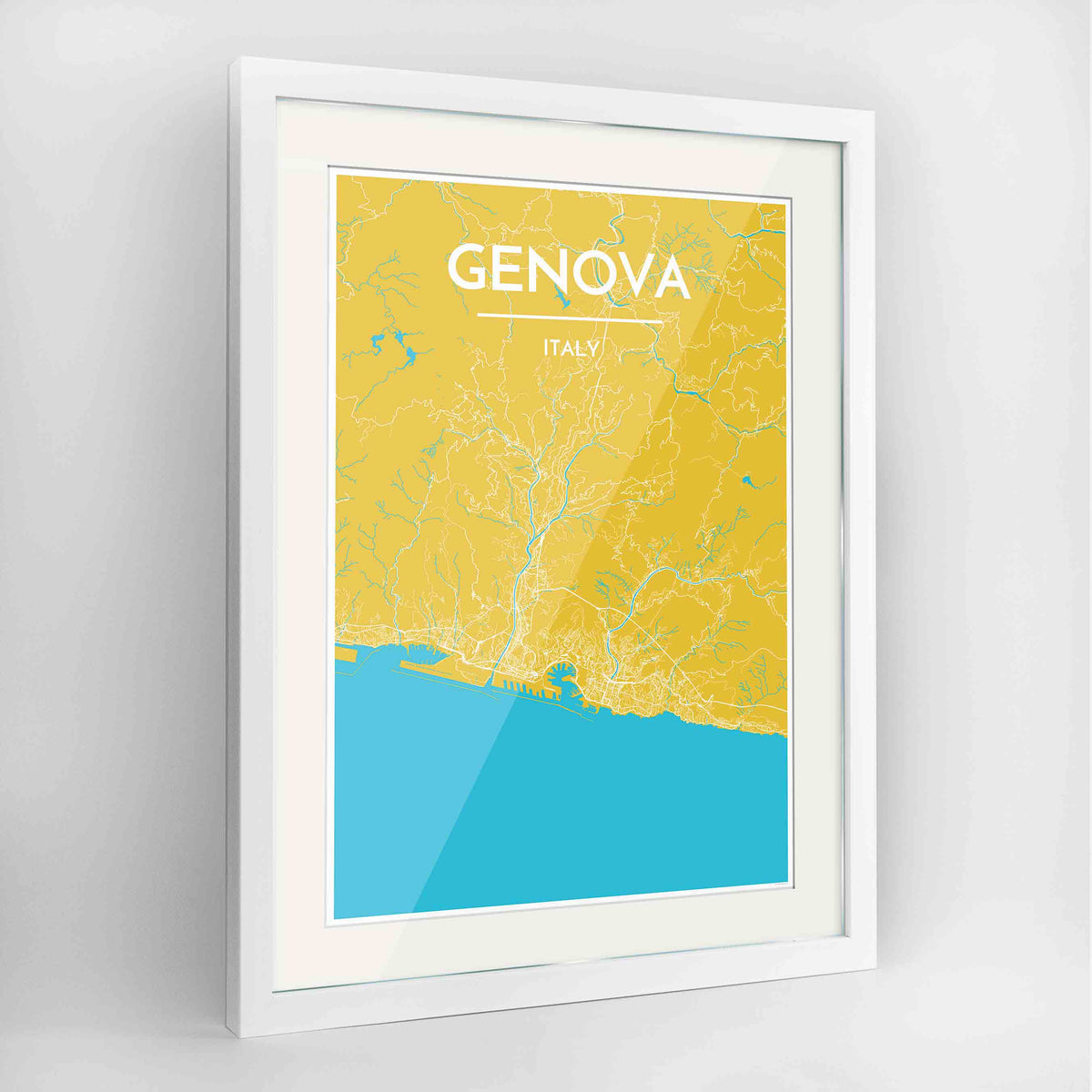 Framed Genova Map Art Print 24x36&quot; Contemporary White frame Point Two Design Group