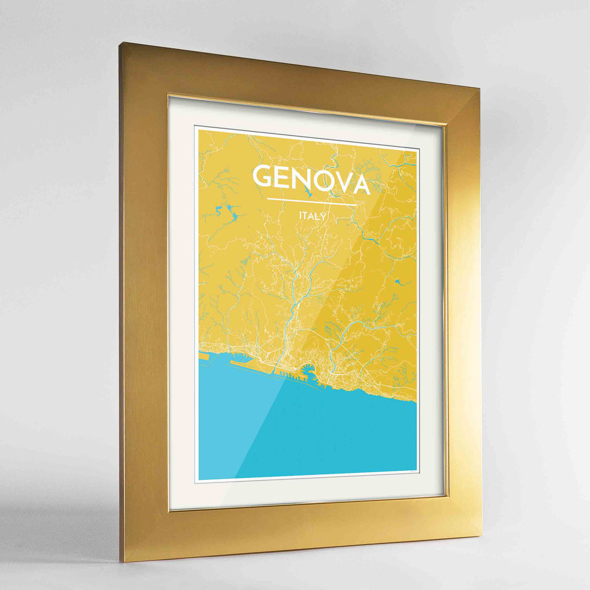 Framed Genova Map Art Print 24x36&quot; Gold frame Point Two Design Group