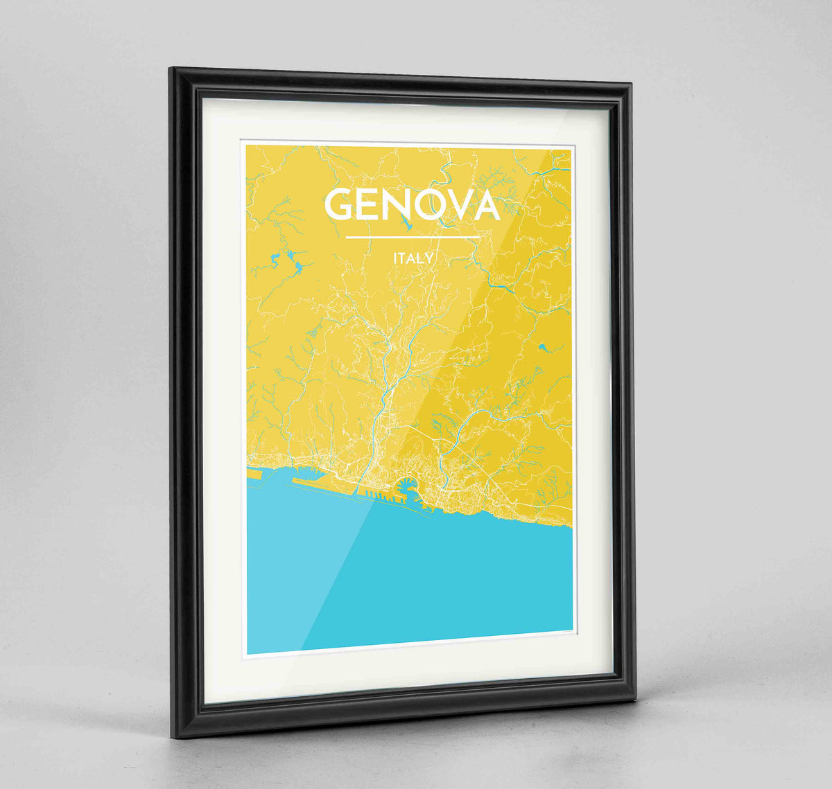 Framed Genova Map Art Print 24x36&quot; Traditional Black frame Point Two Design Group