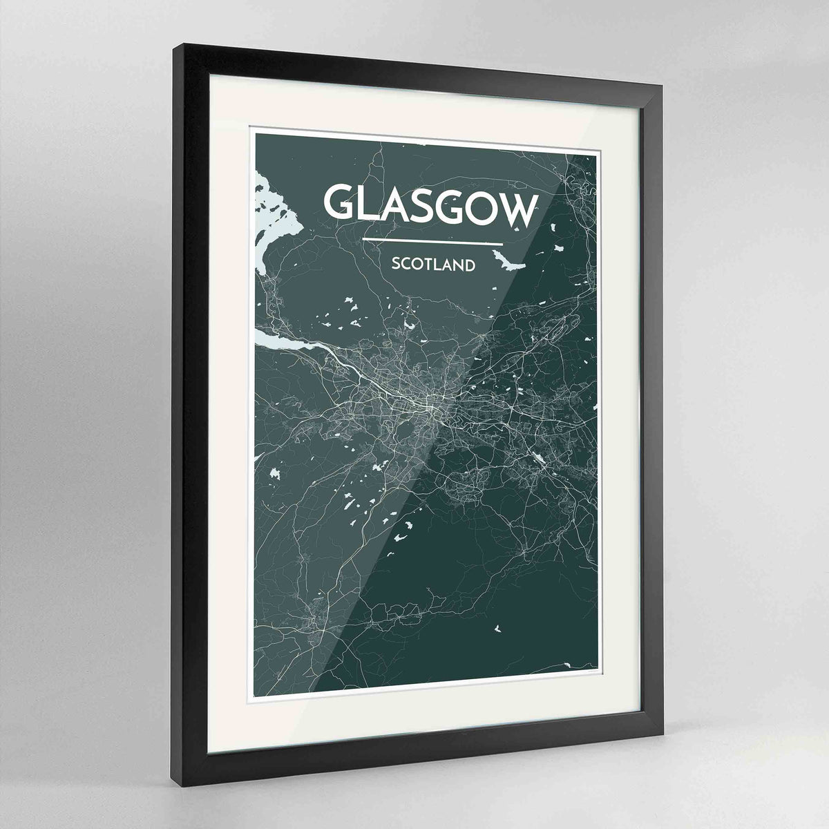 Framed Glasgow Map Art Print 24x36&quot; Contemporary Black frame Point Two Design Group