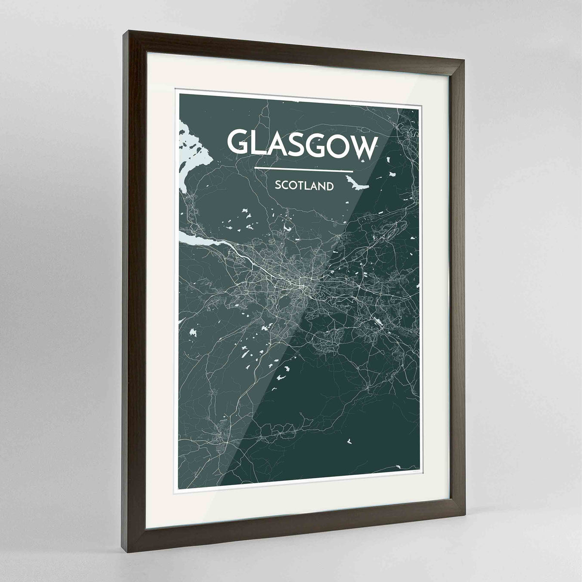Framed Glasgow Map Art Print 24x36&quot; Contemporary Walnut frame Point Two Design Group