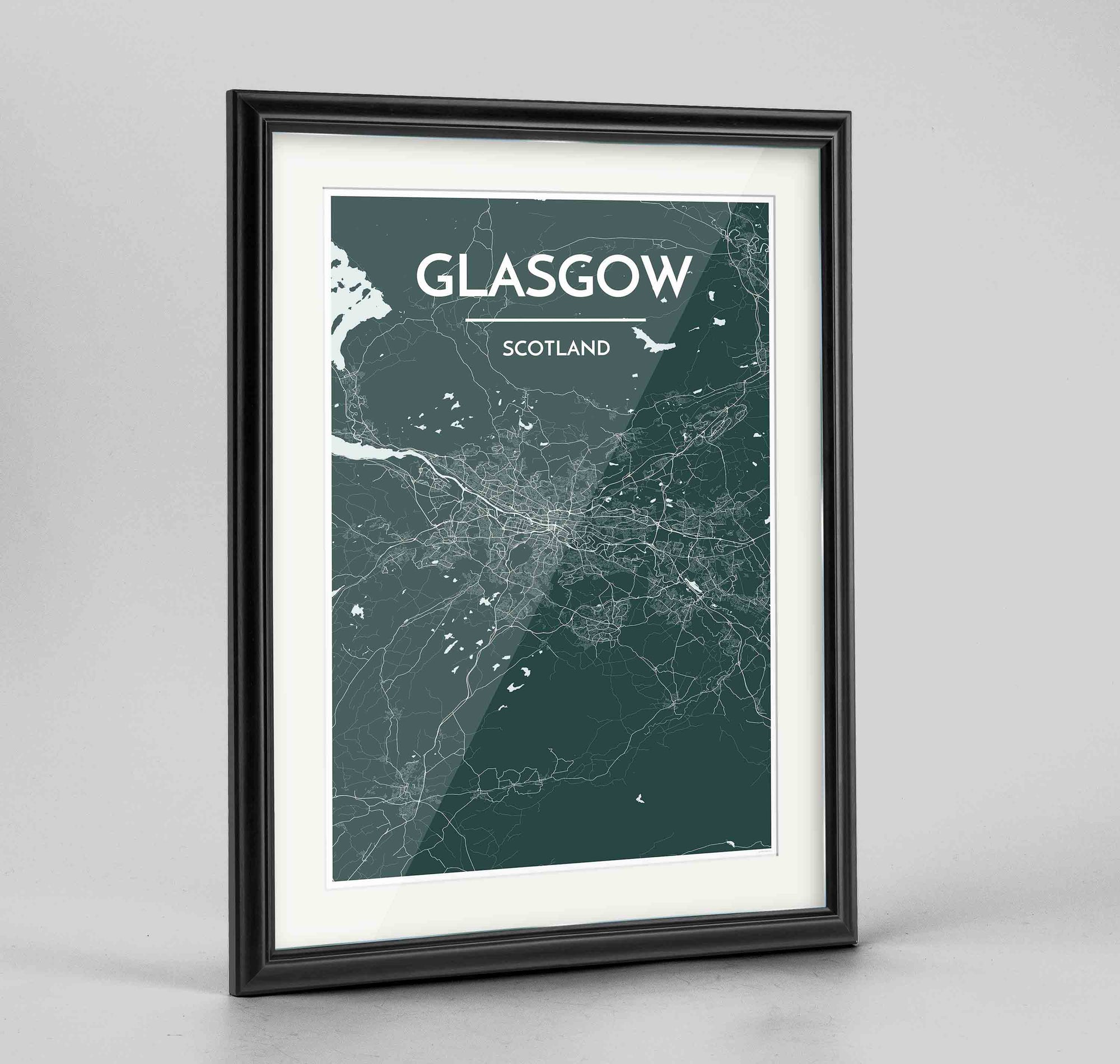 Framed Glasgow Map Art Print 24x36" Traditional Black frame Point Two Design Group