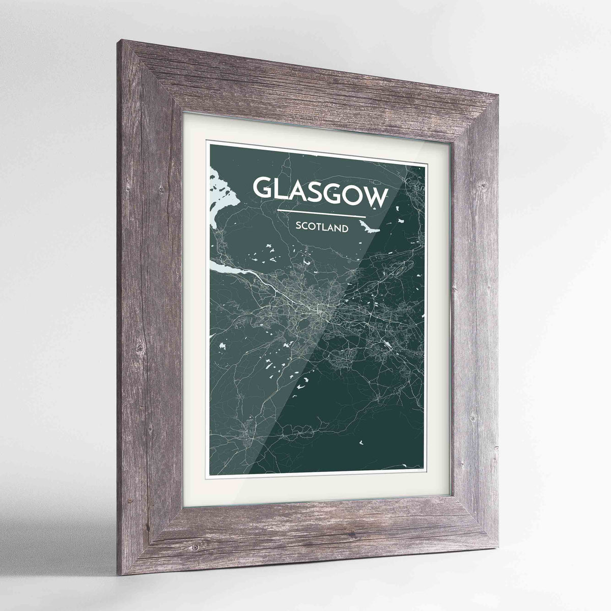 Framed Glasgow Map Art Print 24x36&quot; Western Grey frame Point Two Design Group