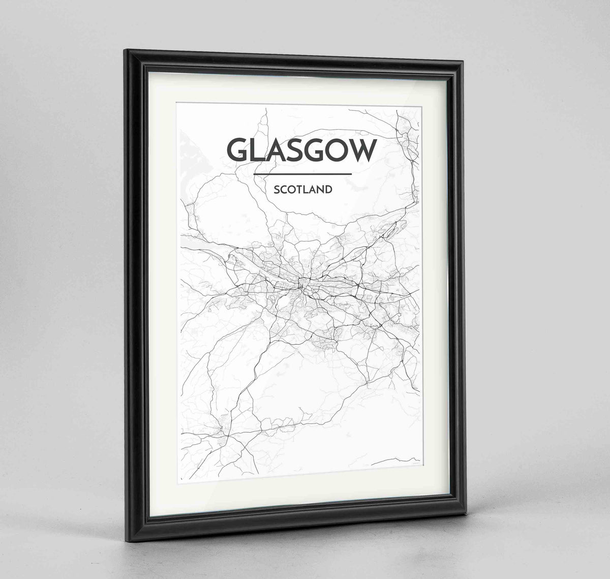 Framed Glasgow Map Art Print 24x36&quot; Traditional Black frame Point Two Design Group