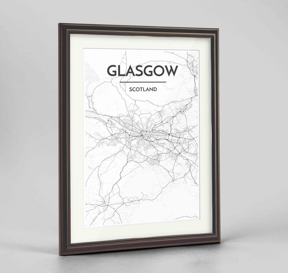 Framed Glasgow Map Art Print 24x36&quot; Traditional Walnut frame Point Two Design Group