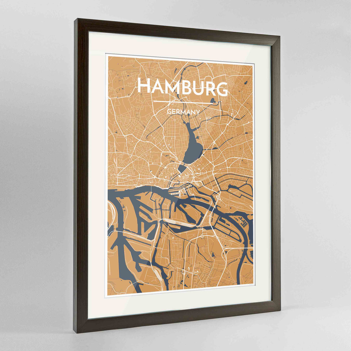 Framed Hamburg Map Art Print 24x36&quot; Contemporary Walnut frame Point Two Design Group