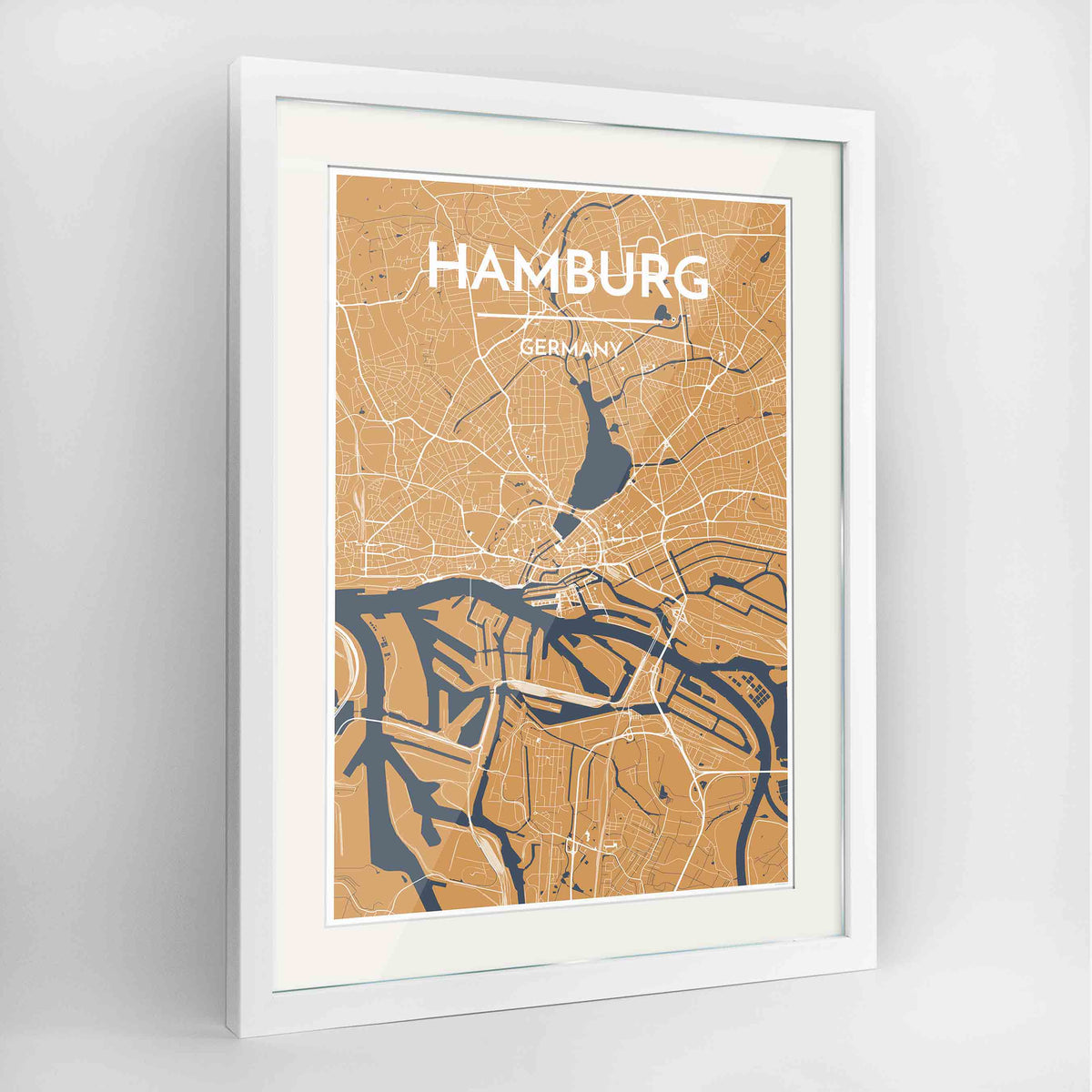 Framed Hamburg Map Art Print 24x36&quot; Contemporary White frame Point Two Design Group