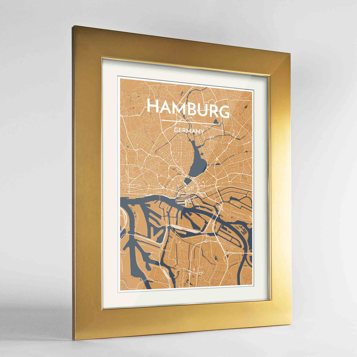 Framed Hamburg Map Art Print 24x36&quot; Gold frame Point Two Design Group