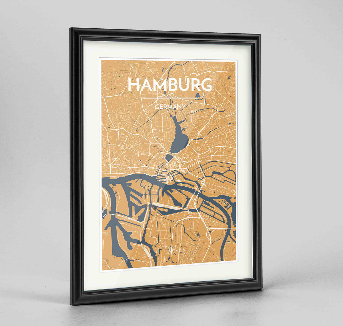Framed Hamburg Map Art Print 24x36&quot; Traditional Black frame Point Two Design Group