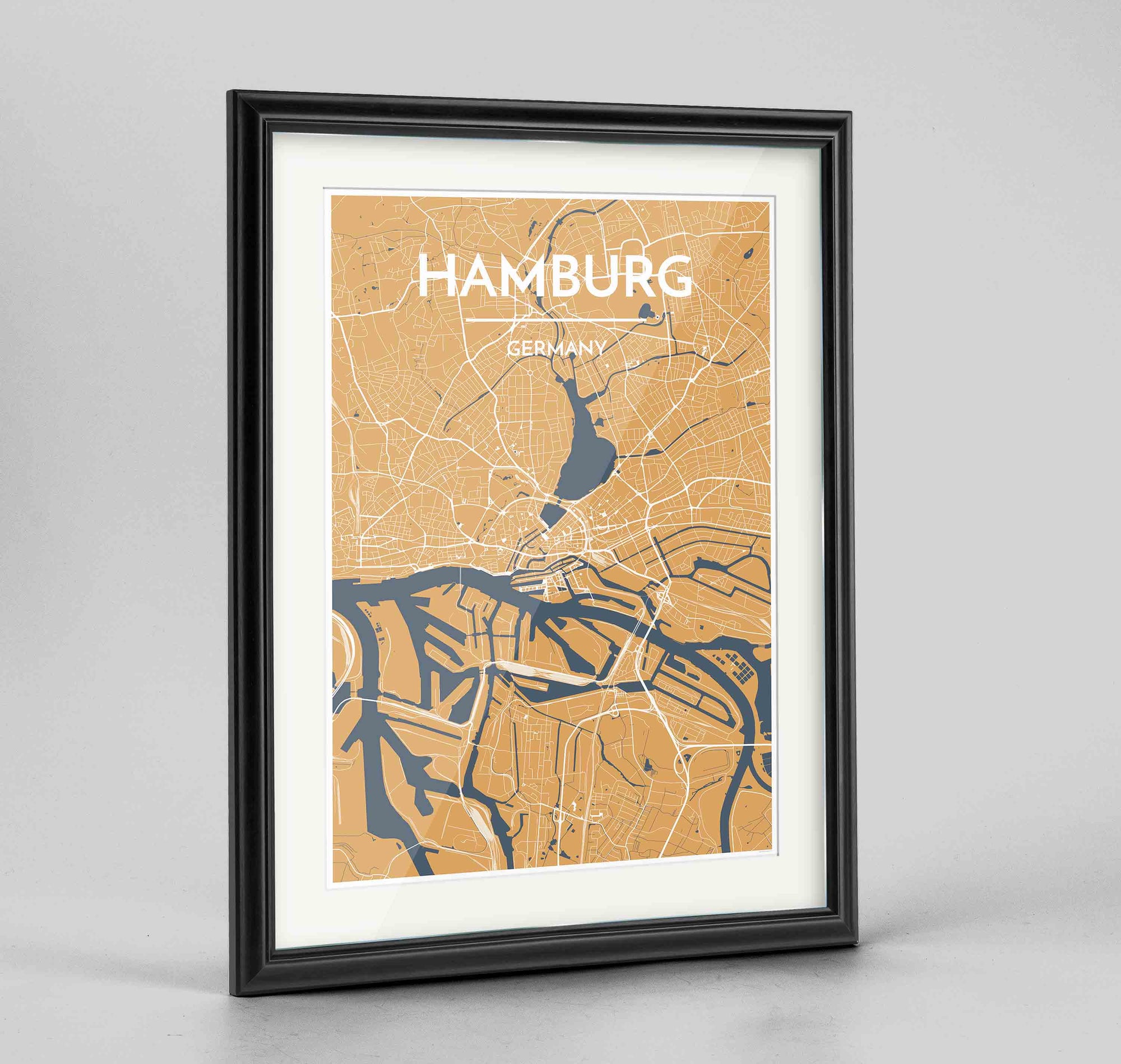 Framed Hamburg Map Art Print 24x36" Traditional Black frame Point Two Design Group