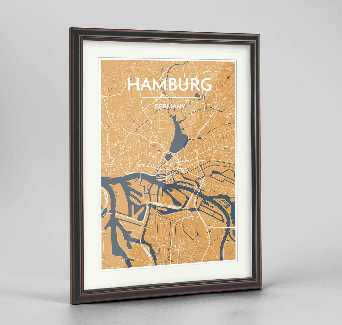 Framed Hamburg Map Art Print 24x36&quot; Traditional Walnut frame Point Two Design Group