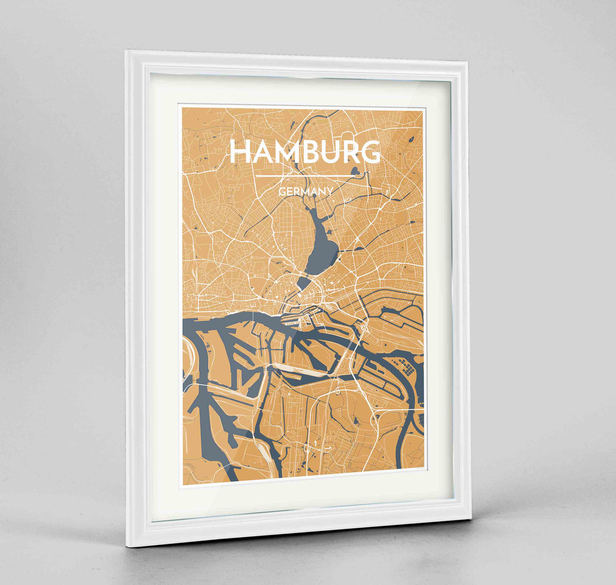 Framed Hamburg Map Art Print 24x36&quot; Traditional White frame Point Two Design Group