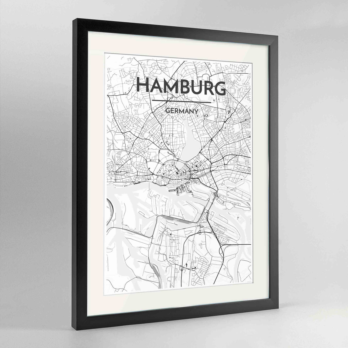 Framed Hamburg Map Art Print 24x36&quot; Contemporary Black frame Point Two Design Group