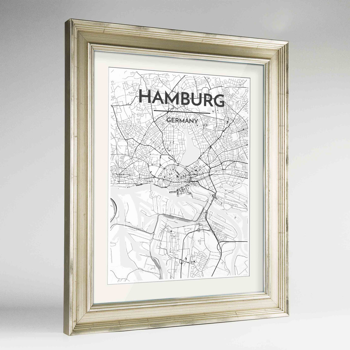 Framed Hamburg Map Art Print 24x36&quot; Champagne frame Point Two Design Group
