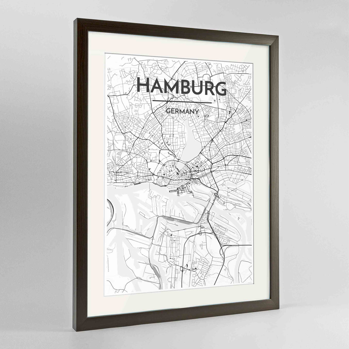 Framed Hamburg Map Art Print 24x36&quot; Contemporary Walnut frame Point Two Design Group