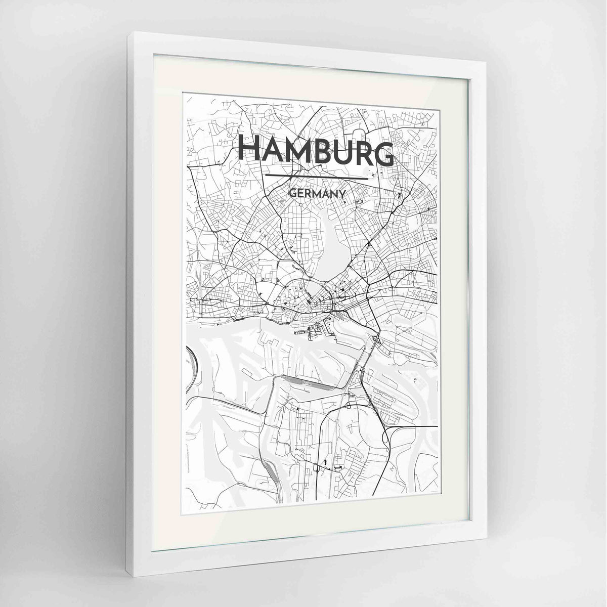 Framed Hamburg Map Art Print 24x36&quot; Contemporary White frame Point Two Design Group