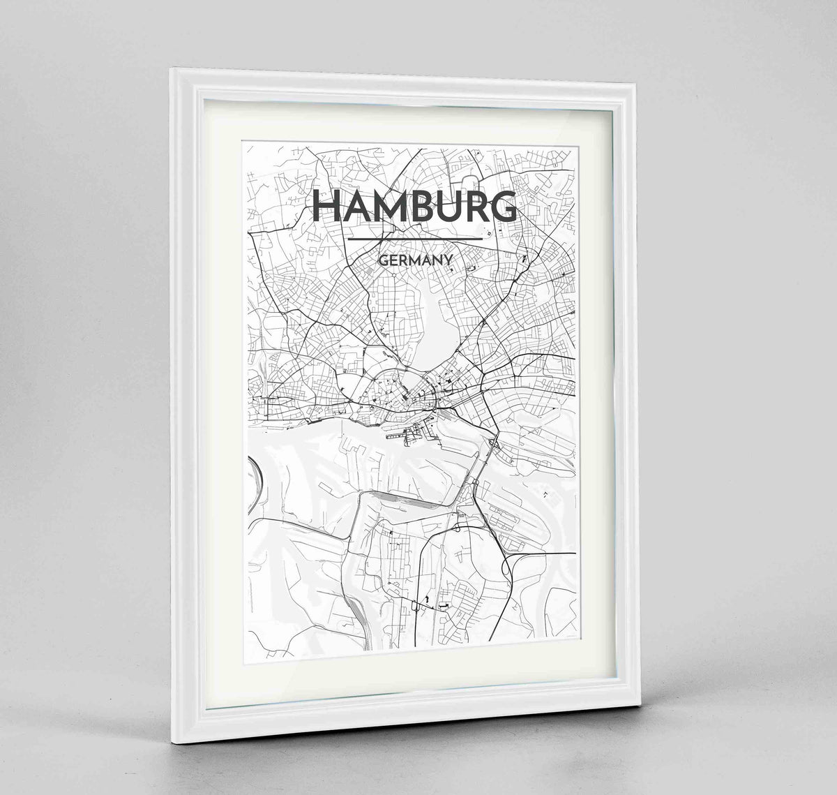 Framed Hamburg Map Art Print 24x36&quot; Traditional White frame Point Two Design Group