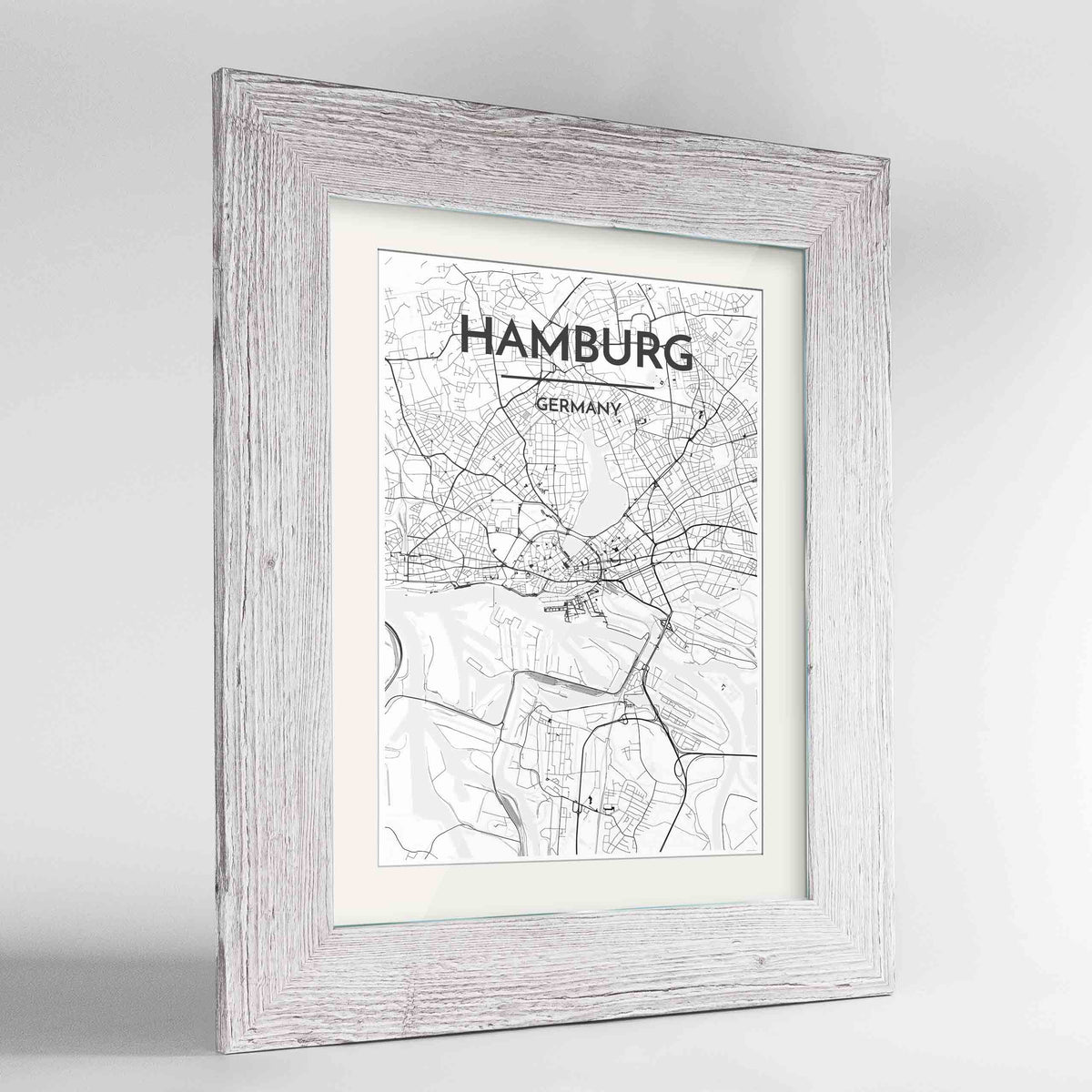 Framed Hamburg Map Art Print 24x36&quot; Western White frame Point Two Design Group