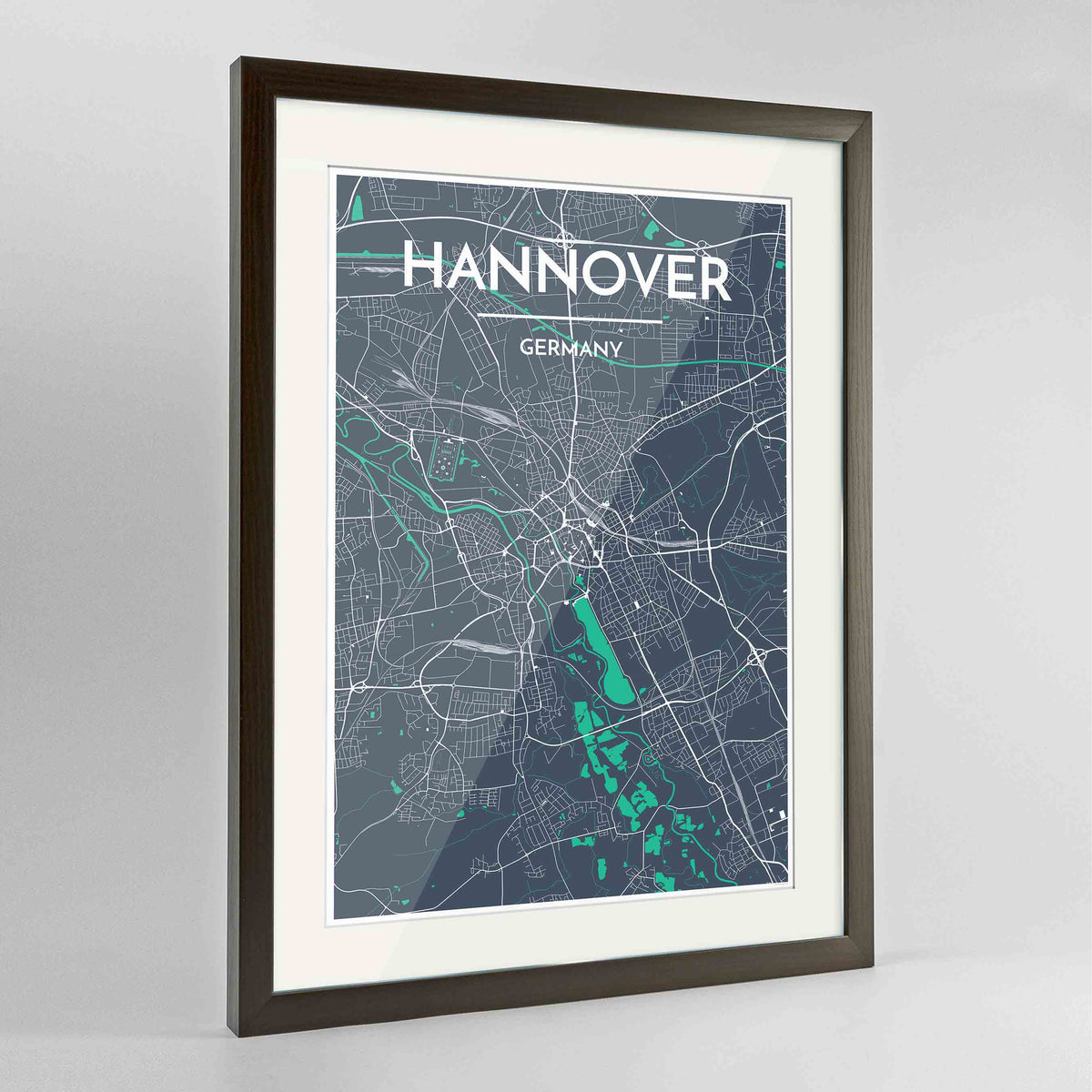 Framed Hannover Map Art Print 24x36&quot; Contemporary Walnut frame Point Two Design Group
