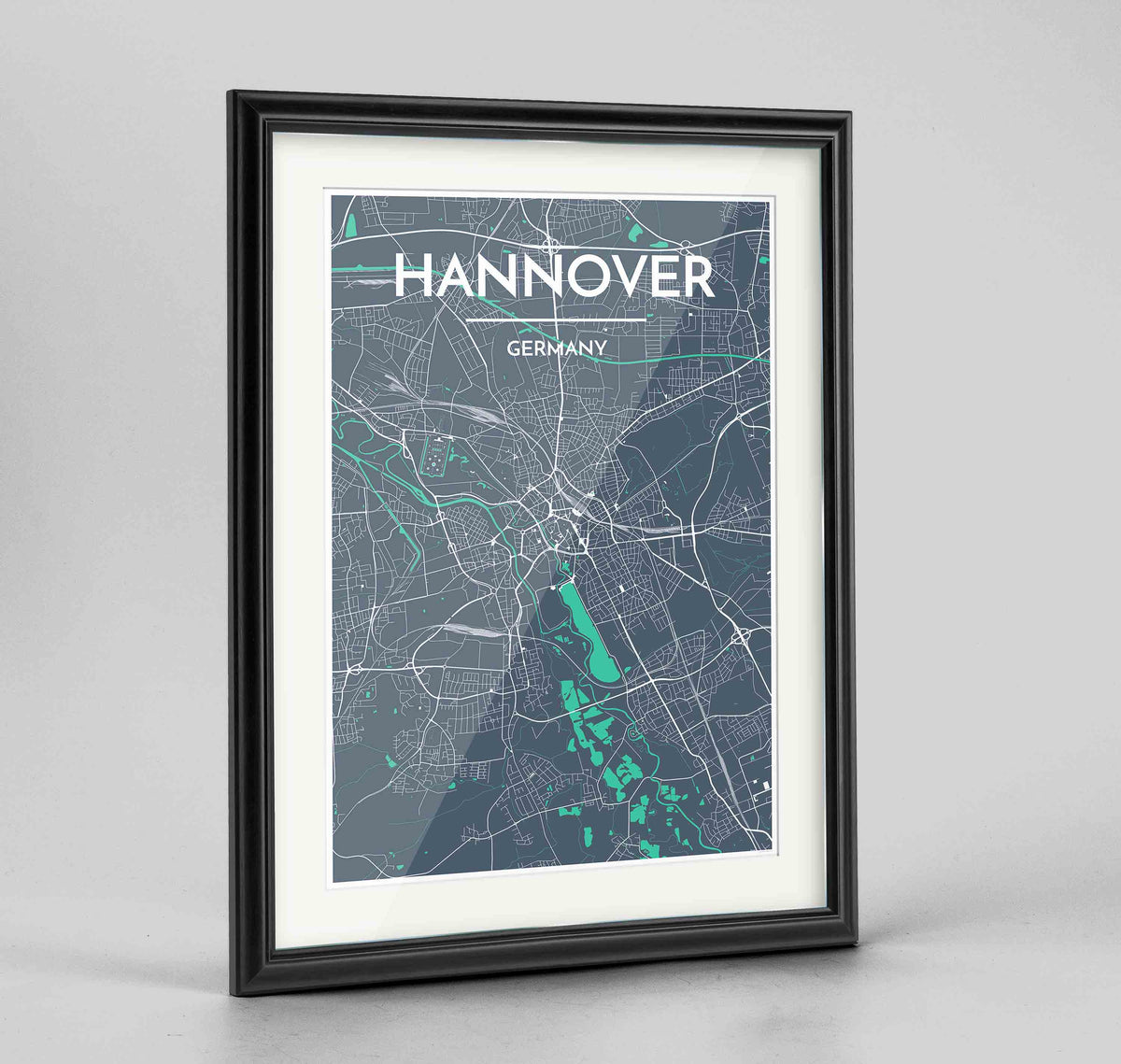 Framed Hannover Map Art Print 24x36&quot; Traditional Black frame Point Two Design Group