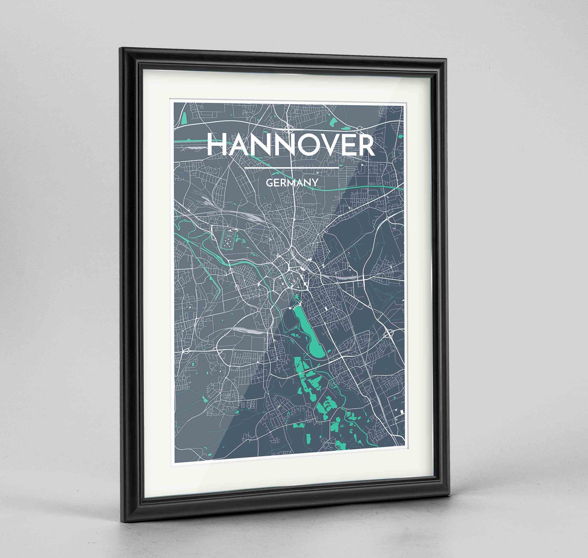 Framed Hannover Map Art Print 24x36" Traditional Black frame Point Two Design Group