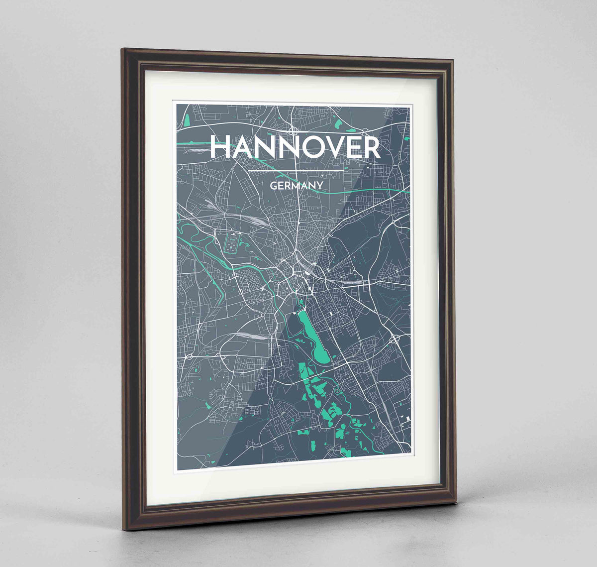 Framed Hannover Map Art Print 24x36&quot; Traditional Walnut frame Point Two Design Group