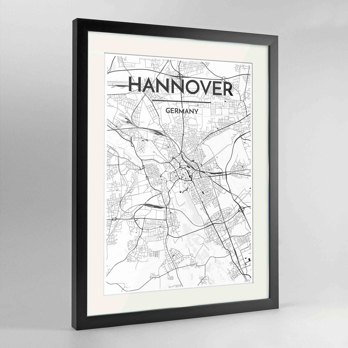 Framed Hannover Map Art Print 24x36&quot; Contemporary Black frame Point Two Design Group