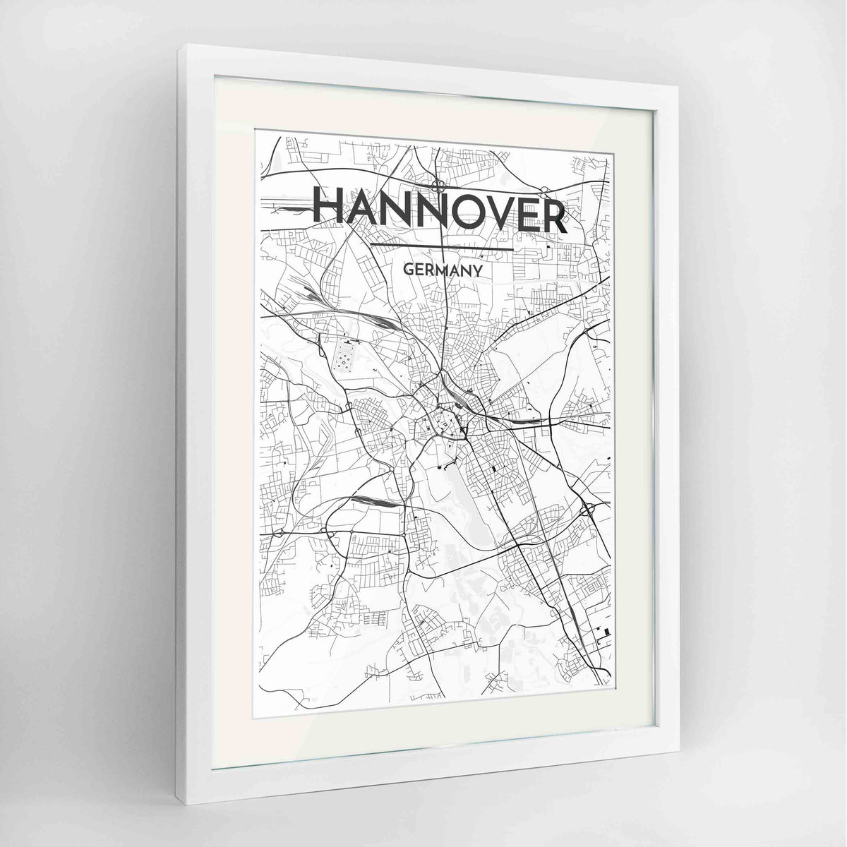 Framed Hannover Map Art Print 24x36&quot; Contemporary White frame Point Two Design Group