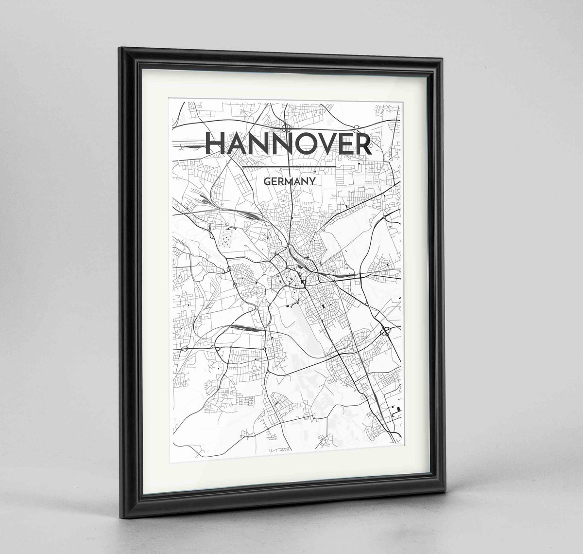 Framed Hannover Map Art Print 24x36&quot; Traditional Black frame Point Two Design Group