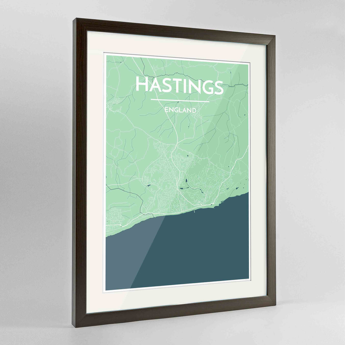 Framed Hastings Map Art Print 24x36&quot; Contemporary Walnut frame Point Two Design Group