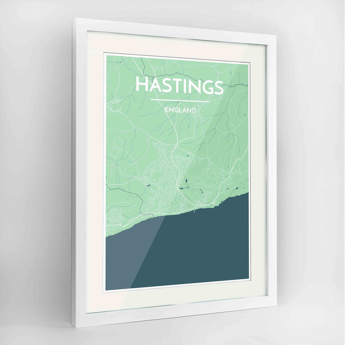 Framed Hastings Map Art Print 24x36&quot; Contemporary White frame Point Two Design Group