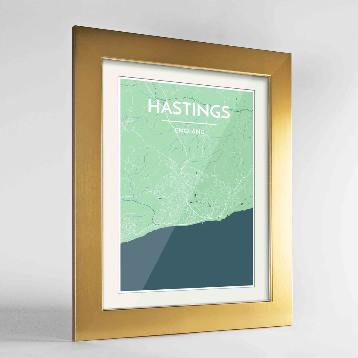 Framed Hastings Map Art Print 24x36&quot; Gold frame Point Two Design Group
