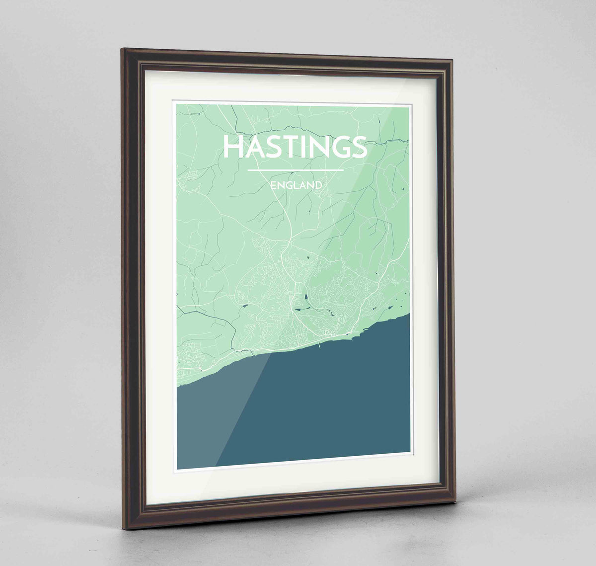 Framed Hastings Map Art Print 24x36&quot; Traditional Walnut frame Point Two Design Group