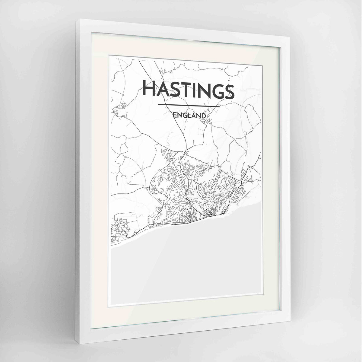 Framed Hastings Map Art Print 24x36&quot; Contemporary White frame Point Two Design Group