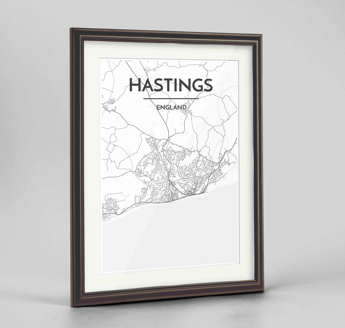 Framed Hastings Map Art Print 24x36&quot; Traditional Walnut frame Point Two Design Group