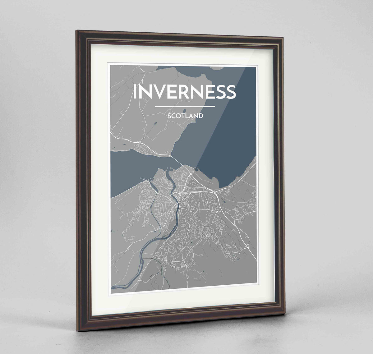 Framed Inverness Map Art Print 24x36&quot; Traditional Walnut frame Point Two Design Group