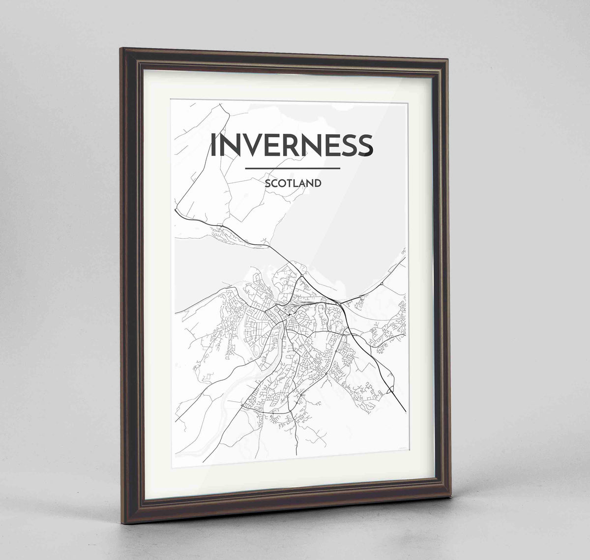 Framed Inverness Map Art Print 24x36&quot; Traditional Walnut frame Point Two Design Group