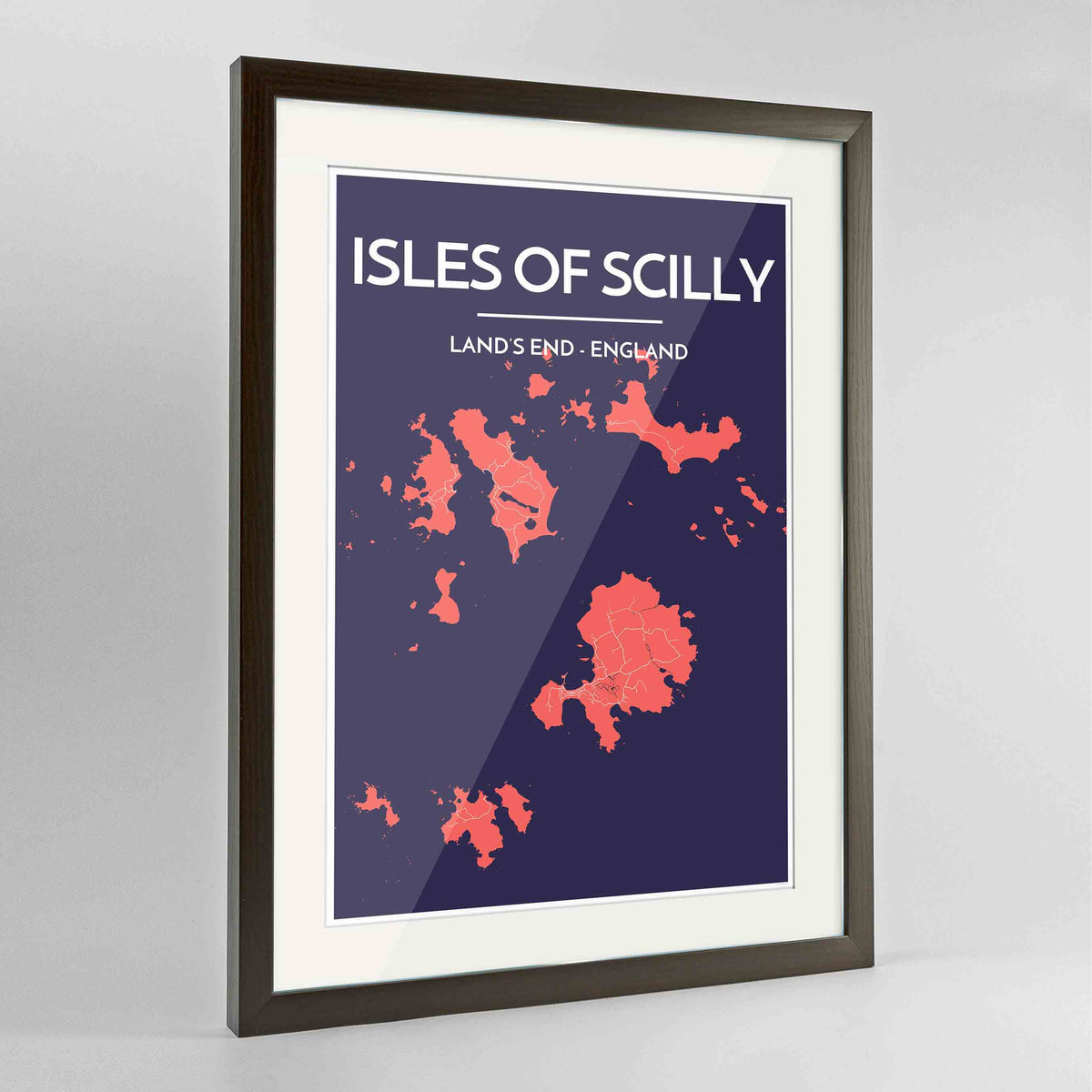 Framed Isles of Scilly Map Art Print 24x36&quot; Contemporary Walnut frame Point Two Design Group