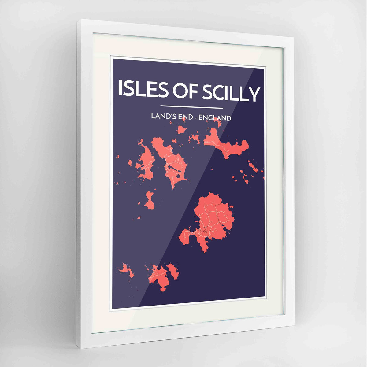 Framed Isles of Scilly Map Art Print 24x36&quot; Contemporary White frame Point Two Design Group