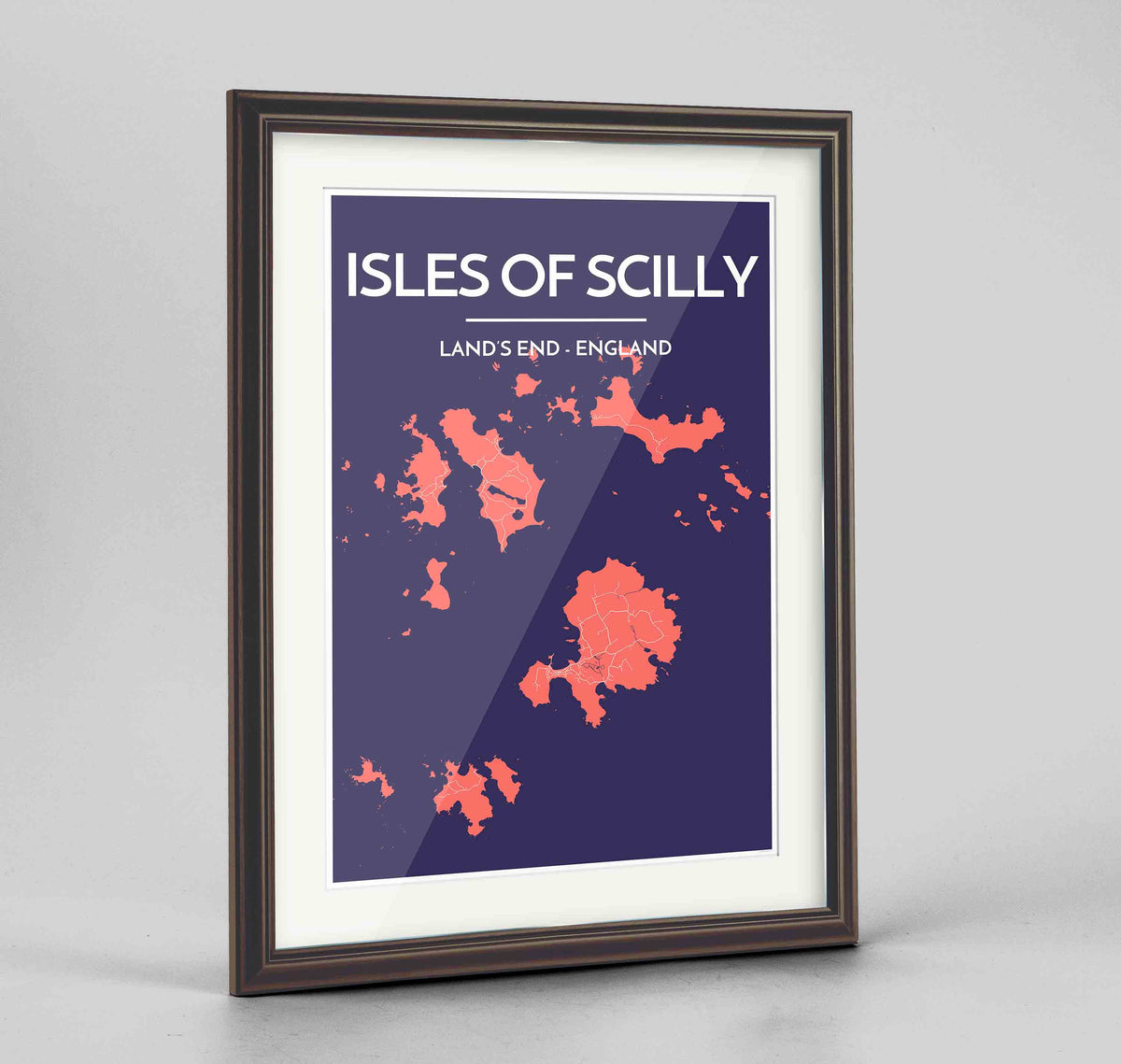 Framed Isles of Scilly Map Art Print 24x36&quot; Traditional Walnut frame Point Two Design Group
