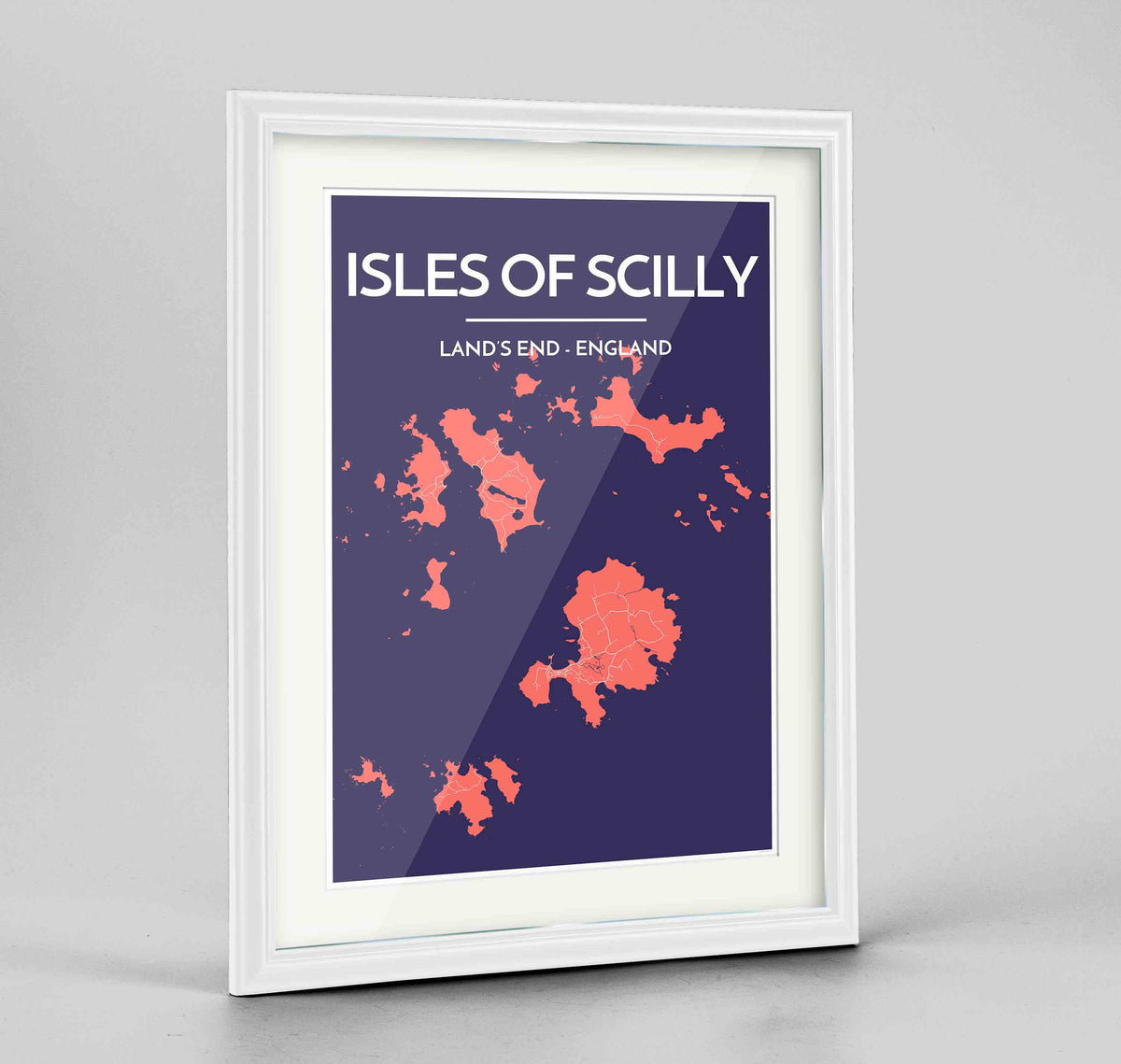 Framed Isles of Scilly Map Art Print 24x36&quot; Traditional White frame Point Two Design Group