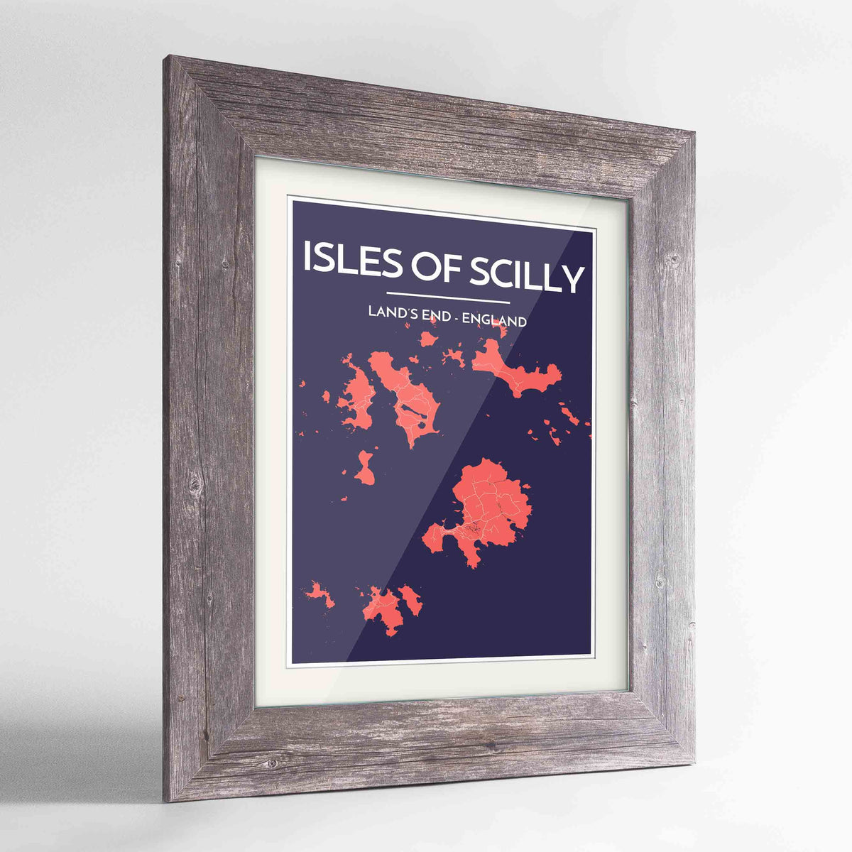 Framed Isles of Scilly Map Art Print 24x36&quot; Western Grey frame Point Two Design Group