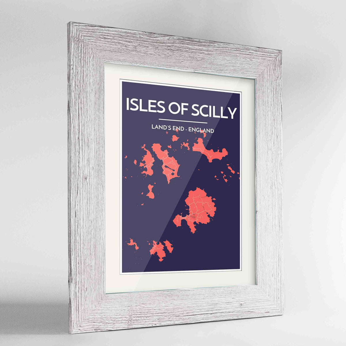 Framed Isles of Scilly Map Art Print 24x36&quot; Western White frame Point Two Design Group
